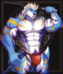  5_fingers abs anthro biceps blue_body blue_fur bulge canid canine claws countershade_arms countershade_face countershade_fur countershade_torso countershading fingers fur hi_res horn inner_ear_fluff krowndconvz male mammal muscular muscular_anthro muscular_male pecs solo tail tuft 