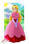  1girl absurdres artist_request blonde_hair blue_eyes breasts crown deviantart dress earrings elbow_gloves full_body gloves high_heels highres jewelry large_breasts long_hair mario_(series) pink_dress princess_peach retro_artstyle solo white_gloves 