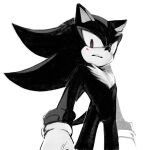  1boy animal_ears animal_nose blood blood_on_face body_fur bracelet furry furry_male gloves greyscale hedgehog hedgehog_ears hedgehog_tail highres jewelry looking_at_viewer male_focus monochrome nisibo25 open_mouth shadow_the_hedgehog simple_background solo sonic_(series) standing tail teeth tongue white_background 