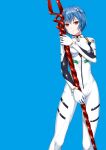  1girl absurdres ano_hito ayanami_rei blue_background blue_hair bodysuit breasts commentary_request expressionless highres holding holding_polearm holding_weapon lance lance_of_longinus_(evangelion) neon_genesis_evangelion plugsuit polearm red_eyes short_hair small_breasts solo unfinished weapon white_bodysuit 