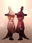  2others androgynous blonde_hair bob_cut brown_hair brown_headwear cape chess_choco_cookie chess_piece cookie_run dark_skin full_body highres jiugae_(yzzv4774) looking_at_viewer multiple_others white_cape white_hair white_headwear white_sleeves white_tunic wide_sleeves 