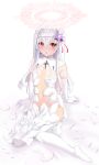 1girl bangs blush elbow_gloves feathers gloves halo highres long_hair looking_at_viewer navel nun okuri_banto original parted_lips red_eyes revealing_clothes see-through sitting solo thighhighs veil white_gloves white_hair white_thighhighs 
