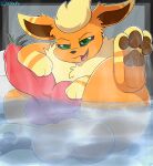 4_toes absurd_res animal_genitalia animal_penis balls big_balls big_penis cloufy digital_media_(artwork) eeveelution erection feet feral flareon fur generation_1_pokemon genitals hi_res hot_water huge_balls huge_penis knot looking_at_viewer male mammal nintendo nude open_mouth pawpads paws penis pokemon pokemon_(species) simple_background smile solo steam toes tongue water 