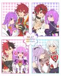 4boys 4girls aether_sage_(elsword) aisha_landar anger_vein antenna_hair armor bangs black_gloves black_hair blush cake cake_slice chaou61 closed_eyes collarbone commentary dated double_finger_heart dress elsword elsword_(character) english_commentary english_text finger_heart food gauntlets genesis_(elsword) gloves happy_birthday highres holding holding_spoon immortal_(elsword) jacket knight_emperor_(elsword) long_hair looking_at_viewer lord_azoth_(elsword) metamorphy_(elsword) multicolored_hair multiple_boys multiple_girls multiple_persona oz_sorcerer_(elsword) pouch purple_eyes purple_hair red_eyes red_hair rune_master_(elsword) short_hair smile spoon stuffed_animal stuffed_toy teddy_bear tongue tongue_out tsundere two-tone_hair white_dress white_gloves white_hair white_jacket 