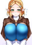  1girl absurdres alternate_breast_size blonde_hair blue_shirt blush braid breasts crown_braid green_eyes highres huge_breasts impossible_clothes impossible_shirt looking_at_viewer open_mouth pointy_ears princess_zelda shirt simple_background solo the_legend_of_zelda the_legend_of_zelda:_breath_of_the_wild the_legend_of_zelda:_tears_of_the_kingdom tiamat_(momokuri_mannen) upper_body white_background 