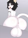  anthro anus balls bedroom_eyes big_balls big_butt black_hair blush butt clothed clothing cody_(pizzakittynyan) domestic_cat eyelashes eyeshadow felid feline felis fishnet genitals girly hair hi_res legwear looking_at_viewer looking_back looking_down low-angle_view makeup male mammal narrowed_eyes open_mouth pizzakittynyan seductive simple_background sitting solo teeth thick_thighs tongue tongue_out white_body wide_hips 