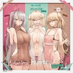  3girls ;d admiral_hipper_(azur_lane) apron azur_lane bare_arms bare_shoulders bluecher_(azur_lane) blush brown_sweater character_name commentary_request cowboy_shot grey_hair heart heart_hands highres long_hair looking_at_viewer meme_attire multiple_girls navel one_eye_closed open_clothes open_mouth open_shirt pink_apron prinz_eugen_(azur_lane) shirt smile standing stomach sweater thighs two_side_up very_long_hair virgin_killer_sweater white_shirt yellow_eyes yusha_m 