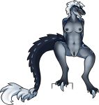  2022 anthro berensketch breasts claws dinosaur dromaeosaurid female genitals grey_body grin hair looking_at_viewer nipples nude open_mouth pose presenting presenting_pussy pussy reptile scalie simple_background sitting smile solo spread_legs spreading theropod velociraptor 