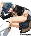  1boy absurdres asymmetrical_bangs bangs bare_legs bishounen blue_hair bulge commentary commentary_request condom condom_in_mouth condom_wrapper frilled_shirt_collar frills genshin_impact hand_in_own_hair highres jeongchebulmyeongingan lying male_focus mouth_hold on_side solo xingqiu_(genshin_impact) yellow_eyes 