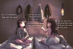  2girls bed belt blanket breasts brown_hair candle cobblestone collarbone crossed_legs english_text ironlily long_hair multiple_girls ordo_mediare_sisters_(ironlily) pantaloons pillow sideboob topless 