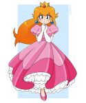  1girl artist_request blonde_hair blue_eyes breasts crown deviantart dress earrings elbow_gloves full_body gloves high_heels highres jewelry large_breasts long_hair mario_(series) non-web_source pink_dress princess_peach retro_artstyle solo white_gloves 