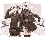  1boy 1girl black_blindfold black_coat black_dress black_gloves black_hairband blindfold blush coat couple cowboy_shot dinikee dress gloves hairband heart hetero nier:automata nier_(series) pod_(nier:automata) short_hair shorts skirt white_hair yorha_no._2_type_b yorha_no._9_type_s 