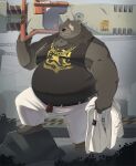  2023 anthro bear belly ben_(zenless_zone_zero) big_belly black_body black_nose bottomwear clothing detailed_background hi_res humanoid_hands male mammal mihoyo overweight overweight_male pants riisago scar shirt solo topwear zenless_zone_zero 