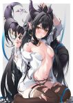  1girl absurdres animal_collar arm_up bandaged_arm bandages bangs black_collar black_garter_belt black_hair black_nails black_panties black_thighhighs blush breasts collar commentary dragon_girl dragon_horns dragon_tail dress_shirt full_body hair_lift hair_spread_out hair_tie hair_tie_in_mouth hand_in_own_hair highres holding holding_hair horns jewelry long_hair long_sleeves mouth_hold navel nekoya_minamo no_bra off_shoulder open_clothes open_shirt original panties pendant pointy_ears shirt sitting small_breasts solo tail thigh_strap thighhighs torn_clothes torn_thighhighs tying_hair underwear very_long_hair wariza white_shirt yellow_eyes 