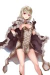  1girl absurdres bangs blonde_hair breasts brown_cape brown_dress brown_gloves cape cleavage double_bun dress fur-trimmed_cape fur-trimmed_gloves fur_trim gloves gold_trim hair_between_eyes hair_bun hand_on_hip hand_up high_wizard_(ragnarok_online) highres kathryne_keyron legs_apart looking_at_viewer medium_breasts open_mouth ragnarok_online red_eyes sail_(sail-away) short_dress short_hair simple_background smile solo standing strapless strapless_dress teeth two-tone_dress upper_teeth_only white_background white_dress 