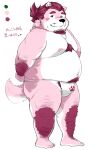  2023 anthro asian_clothing belly blush bulge canid canine canis clothing domestic_dog east_asian_clothing fundoshi hi_res japanese_clothing kemono male mammal moobs navel nipples overweight overweight_male pink_body shintatokoro solo underwear white_clothing white_fundoshi white_underwear 