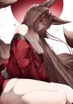  1girl absurdres amagi_(azur_lane) animal_ears azur_lane bangs breasts brown_hair brown_tail cleavage collarbone feet_out_of_frame fox_ears fox_girl fox_tail hair_over_eyes highres japanese_clothes kimono kitsune kyuubi large_breasts long_hair looking_at_viewer multiple_tails purple_eyes red_kimono samip sitting solo tail wariza 