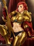  1girl adeptus_custodes armor armored_boots artist_name bangs bikini_armor boots breasts cleavage closed_mouth gauntlets gold_armor green_eyes highres holding holding_polearm holding_weapon lips long_hair navel pauldrons polearm power_armor red_curtains red_hair shoulder_armor sitting solo space_marine stomach themaestronoob warhammer_40k weapon web_address 