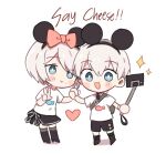  1boy 1girl animal_ears blue_eyes blush chibi couple dinikee fake_animal_ears full_body hairband heart hetero holding_hands mouse_ears nier:automata nier_(series) phone pink_ribbon ribbon selfie shirt short_hair shorts simple_background skirt smile sparkle v white_background white_hair white_shirt yorha_no._2_type_b yorha_no._9_type_s 