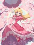  1girl :d bangs blonde_hair blue_eyes blue_gemstone blue_sky blush branch cherry_blossoms commentary crown day dress earrings elbow_gloves english_commentary eyelashes floating_hair frills full_body gem gloves hand_up holding holding_umbrella jewelry lace-trimmed_dress lace_trim long_hair looking_at_viewer mario_(series) mini_crown miri_(cherryjelly) open_mouth outdoors parasol pink_dress pink_footwear pink_umbrella princess_peach puffy_short_sleeves puffy_sleeves rainbow shoes short_sleeves sidelocks sky smile solo sparkle sphere_earrings super_smash_bros. tree umbrella white_gloves 