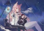  1girl animal_ear_fluff animal_ears arknights black_shirt blurry blurry_foreground breasts cloud commentary_request cup dayouyudareshui depth_of_field feet_out_of_frame highres holding holding_cup jacket lantern long_hair looking_at_viewer medium_breasts mug night night_sky pantyhose parted_lips pink_eyes pink_hair pozyomka_(arknights) pozyomka_(snowy_plains_in_words)_(arknights) shirt sitting sky solo star_(sky) starry_sky very_long_hair white_jacket white_pantyhose 