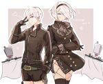  1boy 1girl black_coat black_dress black_gloves black_hairband blue_eyes blush coat couple cowboy_shot dinikee dress gloves hair_over_one_eye hairband heart hetero nier:automata nier_(series) pod_(nier:automata) short_hair shorts skirt white_hair yorha_no._2_type_b yorha_no._9_type_s 