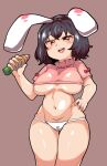  1girl absurdres alternate_breast_size animal_ears bangs black_hair blush bow breasts brown_background carrot commentary_request cowboy_shot crop_top floppy_ears hand_on_hip heart heart_panties heart_print highres holding holding_carrot inaba_tewi kurodani_yamame large_breasts looking_at_viewer navel no_pants one-hour_drawing_challenge open_mouth panties pink_shirt print_panties rabbit_ears rabbit_girl red_bow red_eyes rinyamame shiny_skin shirt short_hair short_sleeves simple_background sleeve_bow smile solo touhou underboob underwear white_panties 