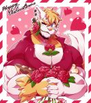 &lt;3 absurd_res anthro between_pecs big_muscles big_pecs blue_eyes blush border box_of_chocolates candy chocolate clothing collared_shirt dessert domestic_cat ear_piercing felid feline felis flower flower_between_breasts flower_in_mouth food fur hi_res holding_flower holding_flower_pot holding_object holding_plant holding_rose holidays looking_at_viewer male mammal multicolored_body multicolored_fur muscular muscular_anthro muscular_male myiko object_in_mouth one_eye_closed outside_border pecs piercing pink_nose plant popped_collar red_clothing red_dress_shirt red_shirt red_topwear rose_(flower) shirt solo topwear two_tone_body two_tone_fur unbuttoned_shirt utau valentine&#039;s_day waltt whiskers white_body white_fur yellow_body yellow_fur 
