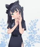  1girl ;) animal_ears bangs black_hair blue_archive blunt_bangs blush chinese_clothes commentary_request elise_(wdsm2344) green_eyes hair_ornament hair_ribbon hands_on_own_face head_tilt highres long_hair looking_at_viewer one_eye_closed ribbon short_sleeves shun_(blue_archive) shun_(small)_(blue_archive) side_slit sidelocks simple_background smile solo tiger_ears tiger_girl twintails 