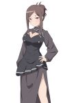  1girl absurdres black_bow black_bowtie black_dress bow bowtie breasts brown_hair cleavage dorothy_(princess_principal) dress hair_bun hand_on_hip highres hotori_(sharo_pan) long_hair long_sleeves looking_at_viewer medium_breasts princess_principal purple_eyes smile solo 