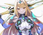  1girl aegis_sword_(xenoblade) bangs bare_shoulders blonde_hair chest_jewel dangle_earrings dress earrings elbow_gloves eyebrows_hidden_by_hair gloves highres holding holding_sword holding_weapon jewelry kinagi_(3307377) long_hair looking_at_viewer mythra_(massive_melee)_(xenoblade) mythra_(xenoblade) smile super_smash_bros. swept_bangs sword sword_behind_back tiara upper_body v-shaped_eyebrows very_long_hair weapon white_dress white_gloves xenoblade_chronicles_(series) xenoblade_chronicles_2 yellow_eyes 