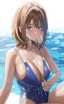  1girl bangs bare_arms bare_shoulders blue_eyes blue_one-piece_swimsuit blush breasts brown_hair cleavage closed_mouth collarbone commentary_request dark-skinned_female dark_skin hair_intakes highleg highleg_swimsuit highres large_breasts looking_at_viewer medium_hair one-piece_swimsuit original pulled_by_self sideboob sidelocks sitting solo swimsuit taniguchi_daisuke_(surumenium) thighs two-tone_swimsuit water wet wet_clothes wet_hair wet_swimsuit 