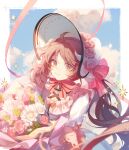  1girl absurdres ahoge ambience_synesthesia animal_ears arknights bantangqubing blue_sky bonnet bouquet bow brown_eyes brown_hair closed_mouth cloud commentary dress eyjafjalla_(arknights) flower hair_bow hat hat_flower highres horns long_hair looking_at_viewer object_hug pink_bow pink_flower pink_rose rose sheep_ears sheep_girl sheep_horns short_sleeves sky smile solo striped striped_bow twintails very_long_hair white_dress white_flower white_headwear 