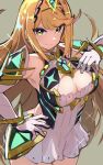  1girl arm_up armor bangs blonde_hair breasts cleavage dress earrings eyeshadow gem gloves hand_on_hip hand_up highres hirotaka_(hrtk990203) jewelry large_breasts long_hair looking_at_viewer makeup mythra_(xenoblade) shadow simple_background sleeveless smile solo tiara upper_body white_background white_dress xenoblade_chronicles_(series) xenoblade_chronicles_2 yellow_eyes 