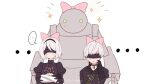  ... 1boy 1girl 1other artist_name black_blindfold black_gloves black_hairband blindfold blush choker dinikee gloves green_eyes hairband hand_on_own_cheek hand_on_own_face highres nier:automata nier_(series) pink_ribbon ribbon robot short_hair simple_background sparkle speech_bubble sweat white_background white_hair yorha_no._2_type_b yorha_no._9_type_s 