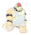  2023 anthro bodily_fluids bottomwear bowser clothing genital_fluids hi_res koopa lentejota6 male mario_bros nintendo overweight overweight_male precum scalie shirt shorts solo sweat topwear walking 