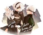  1boy 1girl artist_name black_blindfold black_coat black_dress black_gloves blindfold coat couple cowboy_shot dinikee dress english_text flower gloves hair_flower hair_ornament happy_birthday hetero nier:automata nier_(series) short_hair smile white_hair yorha_no._2_type_b yorha_no._9_type_s 