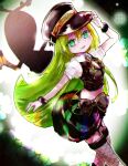  1girl alina_gray black_bow black_headwear black_vest blonde_hair blunt_ends bow chain collar detached_collar doppel_(madoka_magica) fishnet_thighhighs fishnets fur_cuffs fur_trim gem green_eyes green_gemstone green_hair hair_between_eyes hat karaage_(torikkk) long_hair looking_at_viewer magia_record:_mahou_shoujo_madoka_magica_gaiden magical_girl mahou_shoujo_madoka_magica multicolored_clothes multicolored_hair multicolored_skirt old_dorothy open_mouth peaked_cap pleated_skirt puffy_short_sleeves puffy_sleeves short_sleeves sidelocks silhouette skirt smile solo streaked_hair striped striped_skirt thighhighs vertical-striped_skirt vertical_stripes vest waist_bow white_collar 