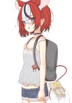  ? aged_down animal_ear_fluff animal_ears backpack bag blue_eyes blush bow cheese choker cowboy_shot denim denim_shorts fang food from_side grey_camisole hakos_baelz highres hololive hololive_english honon midriff_peek mouse_ears mouse_tail mousetrap open_mouth pov pov_hands red_hair short_hair short_shorts shorts tail tail_bow tail_ornament virtual_youtuber white_background white_bow 