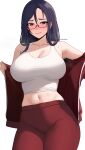  1girl absurdres artist_name blush breasts cleavage closed_mouth commentary_request crop_top demi-chan_wa_kataritai edmun highres jacket large_breasts long_hair midriff navel purple_eyes purple_hair satou_sakie simple_background smile solo sweat track_jacket white_background 