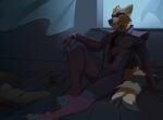  anthro blood blood_on_face bodily_fluids clothing corpse crying curtains curtains_open disaster kodashi legend_of_ahya male mammal mask max_thrash procyonid raccoon sitting sitting_on_ground solo suit tears vigilante window wounded 