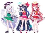  3girls :d absurdly_long_hair alternate_costume aris_(blue_archive) ascot bangs black_hair blue_archive blue_eyes braid commentary_request cosplay detached_sleeves flandre_scarlet flandre_scarlet_(cosplay) forehead frilled_skirt frills full_body ghost gohei hair_between_eyes hair_ornament hair_ribbon hair_tubes hairclip hakurei_reimu hakurei_reimu_(cosplay) halo hat highres hina_(blue_archive) hina_(swimsuit)_(blue_archive) holding holding_bandages holding_gohei holding_weapon katana konpaku_youmu konpaku_youmu_(cosplay) konpaku_youmu_(ghost) long_hair long_sleeves looking_at_viewer mary_janes multiple_girls navel nontraditional_miko one_side_up parted_bangs purple_eyes red_hair ribbon ribbon-trimmed_sleeves ribbon_trim shoes short_sleeves sidelocks simple_background single_braid skirt smile socks sseopik standing stomach sword touhou very_long_hair vest weapon whistle whistle_around_neck white_background white_hair white_socks wide_sleeves yuzu_(blue_archive) 
