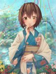  1girl aqua_kimono bangs blurry blurry_background blush brown_eyes brown_hair closed_mouth confetti floral_print flower furutaka_(kancolle) hair_between_eyes hair_ornament hairclip hand_up heterochromia japanese_clothes kantai_collection kimono long_sleeves looking_at_viewer obi orange_flower pink_flower print_kimono red_flower sash short_hair smile solo upper_body wide_sleeves wss_(nicoseiga19993411) yellow_eyes yellow_flower 