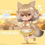  1girl animal_ears apron blonde_hair coroha coyote_(kemono_friends) extra_ears food kemono_friends kemono_friends_v_project looking_at_viewer maid maid_apron microphone navel necktie omelet omurice ribbon shoes short_hair simple_background socks solo tail virtual_youtuber wolf_ears wolf_girl wolf_tail yellow_eyes 