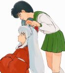  1boy 1girl animal_ears bangs bead_necklace beads black_hair brown_hair dog_ears from_side green_skirt highres higurashi_kagome holding_ears inuyasha inuyasha_(character) japanese_clothes jewelry kimono long_hair long_sleeves necklace red_kimono school_uniform shirt sitting skirt smile very_long_hair white_background white_hair white_shirt yellow_eyes zuchi_wan 