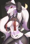  absurd_res anthro areola biped breasts clothed clothing female generation_5_pokemon hair hand_behind_head hi_res looking_at_viewer mienshao nintendo pokemon pokemon_(species) purple_body purple_hair red_eyes simple_background smile smiling_at_viewer solo white_body zinfyu 