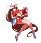  1boy bikini blush bow bowtie brown_hair clothes_theft crab_claw fang flower frilled_bikini frills happy hat hat_flower highres iris_(mega_man) joints long_hair mega_man_(series) mega_man_star_force mega_man_x4 mega_man_x_(series) nervous nobuyu_(77yusei) official_alternate_costume red_bikini red_footwear robot_joints simple_background sitting sitting_on_lap sitting_on_person smile swimsuit theft underwear underwear_theft 