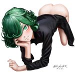  1girl all_fours black_dress blush closed_mouth dress green_eyes green_hair hair_over_one_eye hand_on_own_cheek hand_on_own_face highres khester824 long_sleeves looking_at_viewer medium_hair one-punch_man simple_background smile solo tatsumaki white_background 