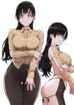  1girl arm_support ass backless_outfit bare_back black_hair breasts collared_shirt highres jun_(seojh1029) large_breasts long_hair long_sleeves looking_at_viewer meme_attire original pants shirt solo standing white_background 