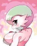  1girl absurdres back backless_outfit bangs bare_shoulders blush bob_cut breasts colored_skin commentary doromi english_commentary from_behind gardevoir green_hair half-closed_eyes highres large_breasts looking_at_viewer looking_back open_mouth pink_background pokemon pokemon_(creature) profile red_eyes short_hair solo sweat upper_body white_skin 